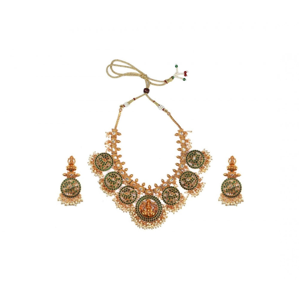 Generic Women's Goddess Glamour Gold Plated Temple Necklace and Jhumka Set (Green, Free Size)