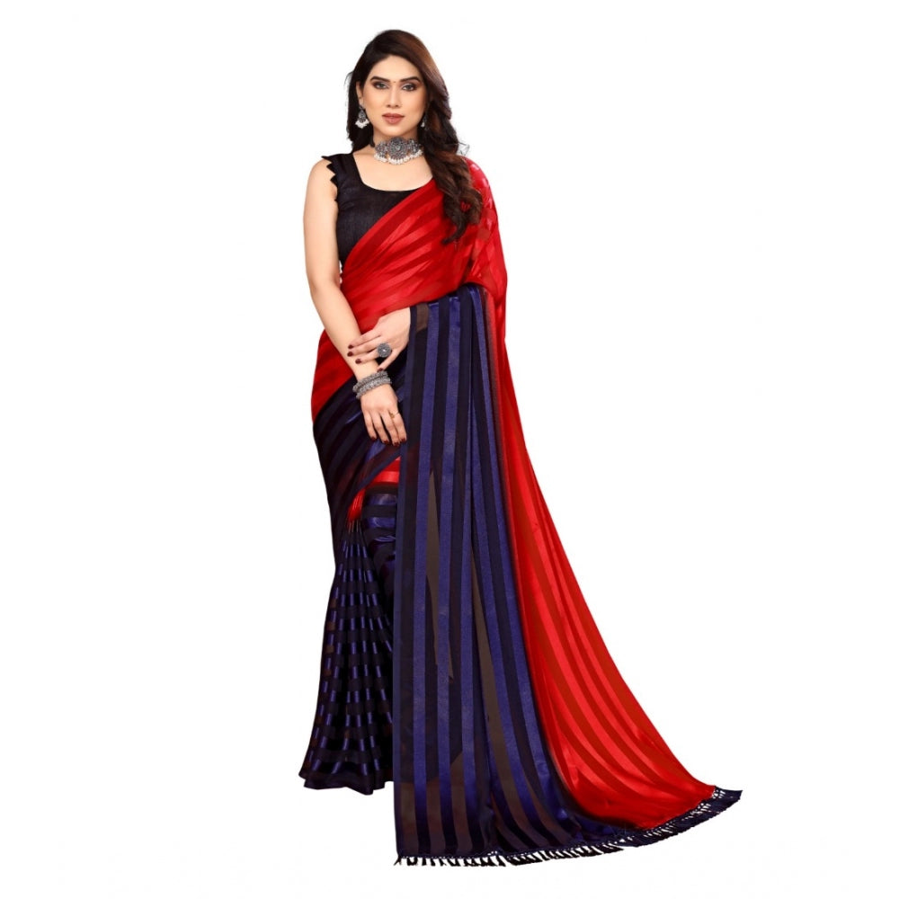 Women's Embellished Striped Bollywood Satin Saree With Blouse (Red, Dark Blue)