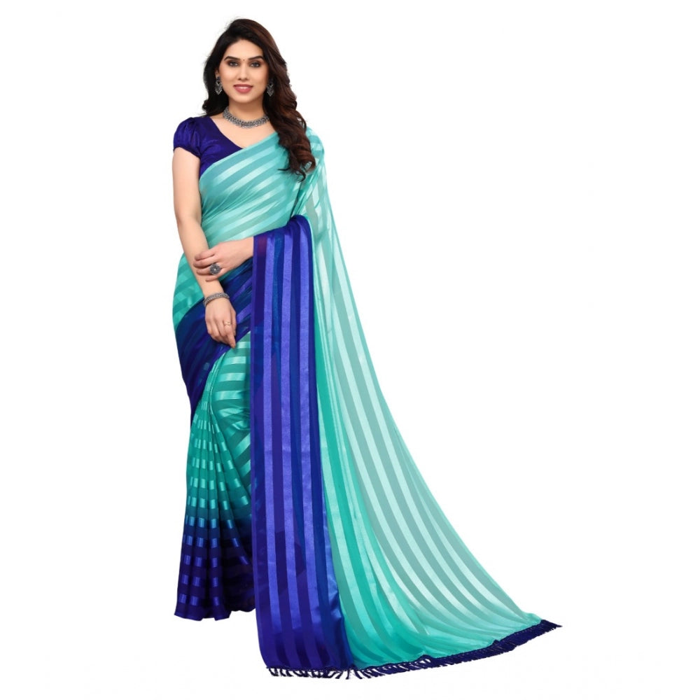 Women's Embellished Striped Bollywood Satin Saree With Blouse (Light Blue, Dark Blue)