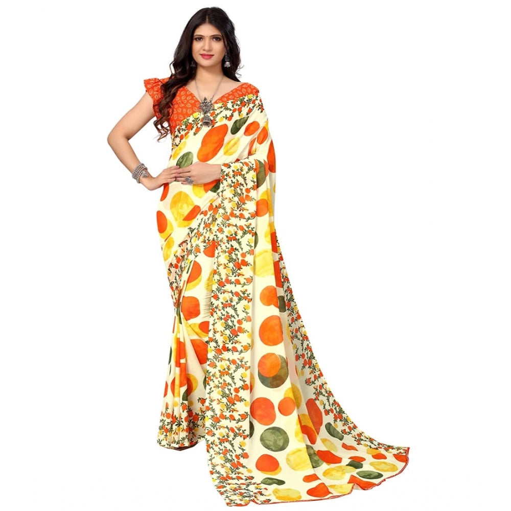 Women's Poly Georgette Printed Saree Without Blouse (Orange)