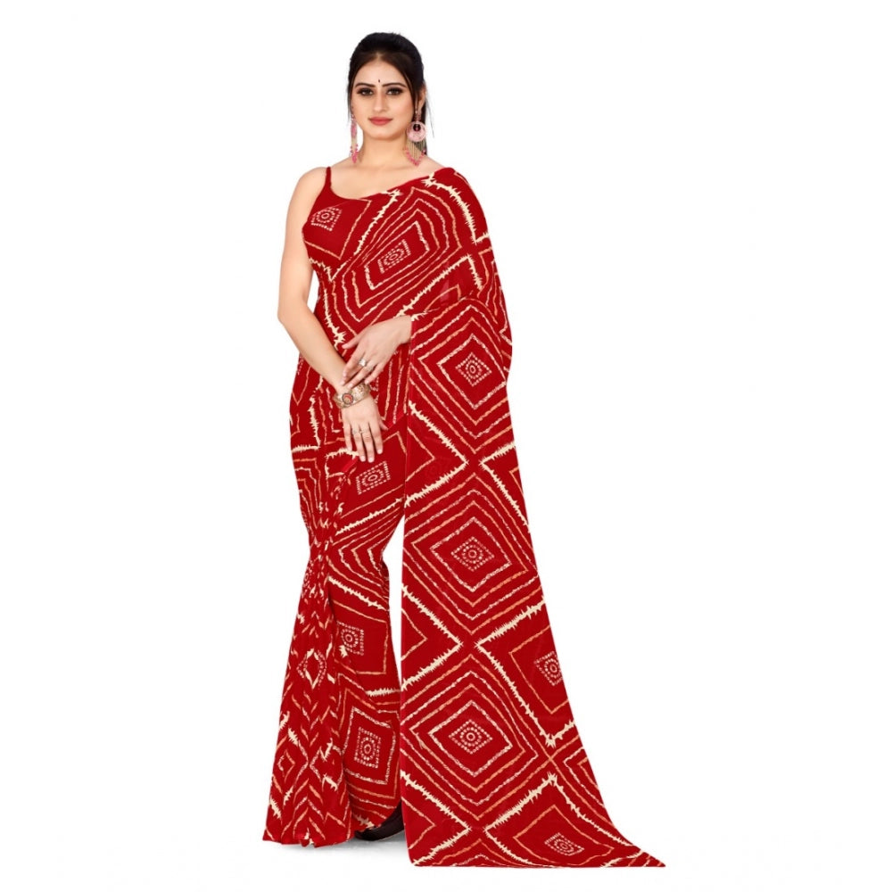 Women's Poly Georgette Printed Saree Without Blouse (Red)