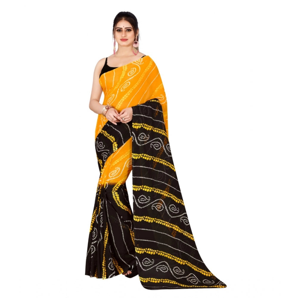 Women's Poly Georgette Printed Saree Without Blouse (Yellow, Black)