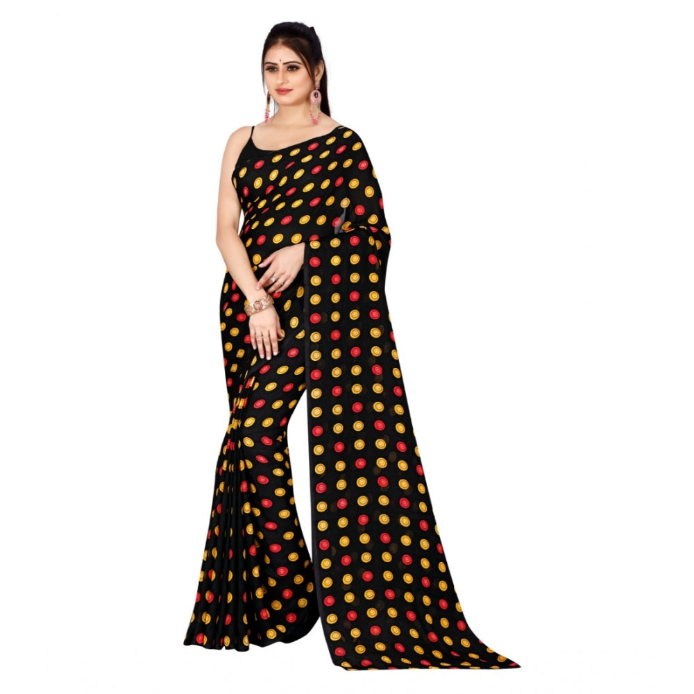 Women's Poly Georgette Printed Saree Without Blouse (Black)