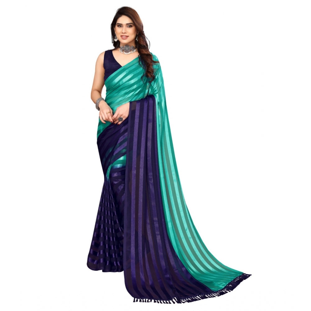 Women's Embellished Striped Bollywood Satin Saree With Blouse (Sea Green, Royal Blue)