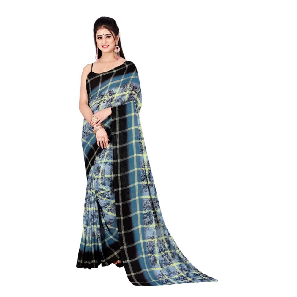 Women's Poly Georgette Printed Saree Without Blouse (Light Blue, Black)