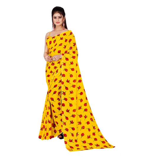 Women's Poly Georgette Printed Saree Without Blouse (Yellow)