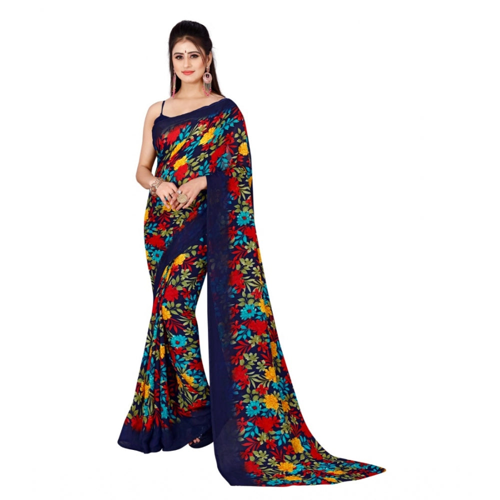 Women's Poly Georgette Printed Saree Without Blouse (Blue)