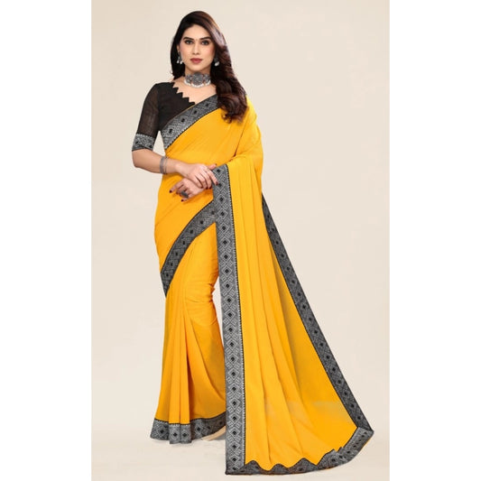 Women's Embellished Plain Solid Bollywood Chiffon Saree With Blouse (Yellow)