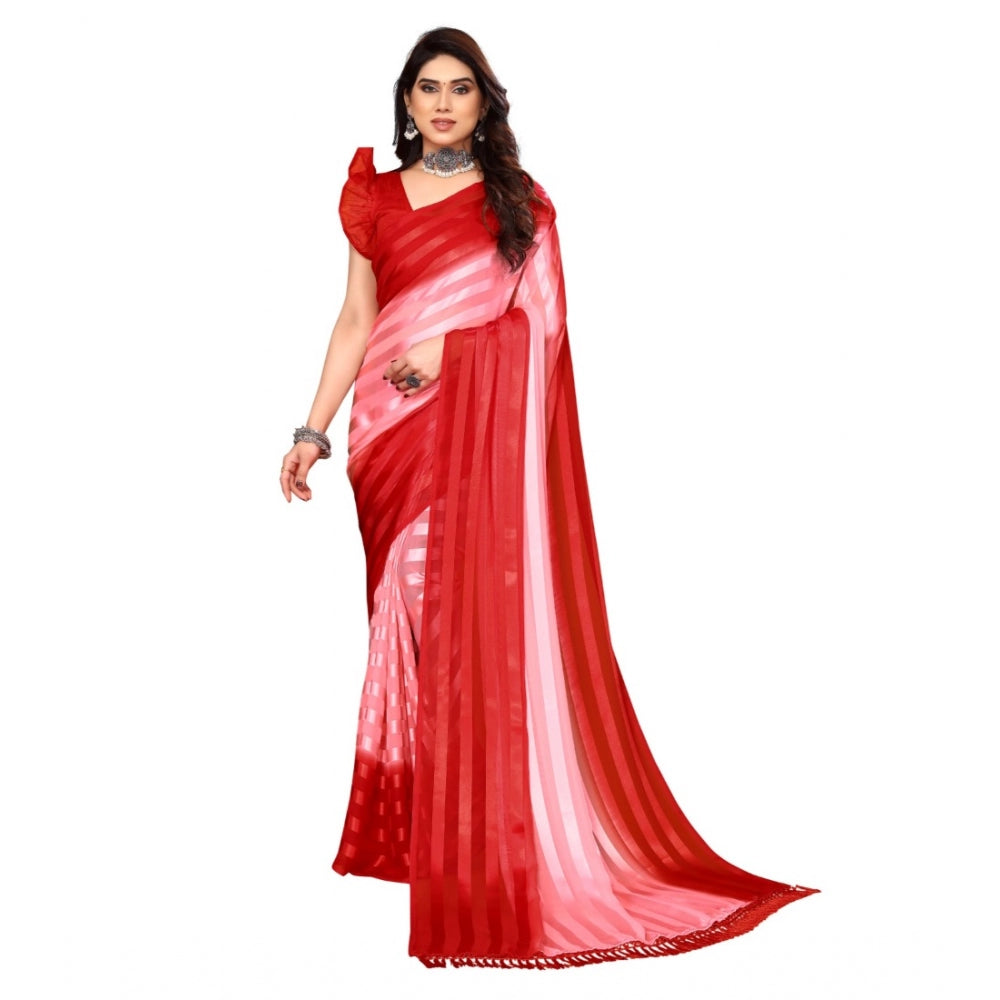 Women's Embellished Striped Bollywood Satin Saree With Blouse (Pink, Red)