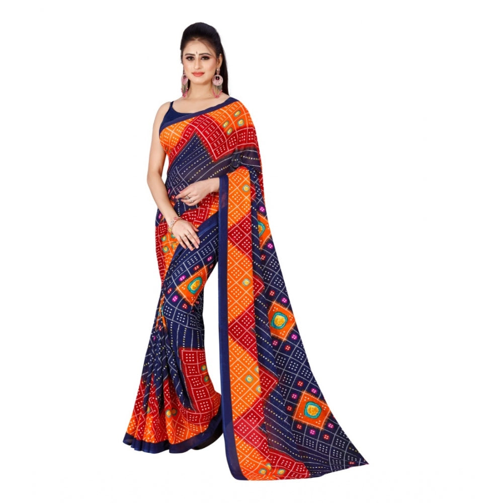 Women's Poly Georgette Printed Saree Without Blouse (Blue)