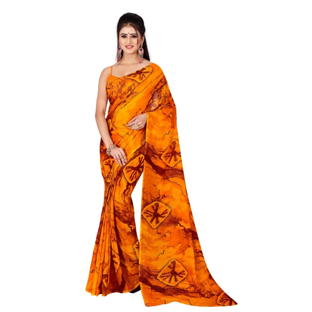 Women's Poly Georgette Printed Saree Without Blouse (Yellow)