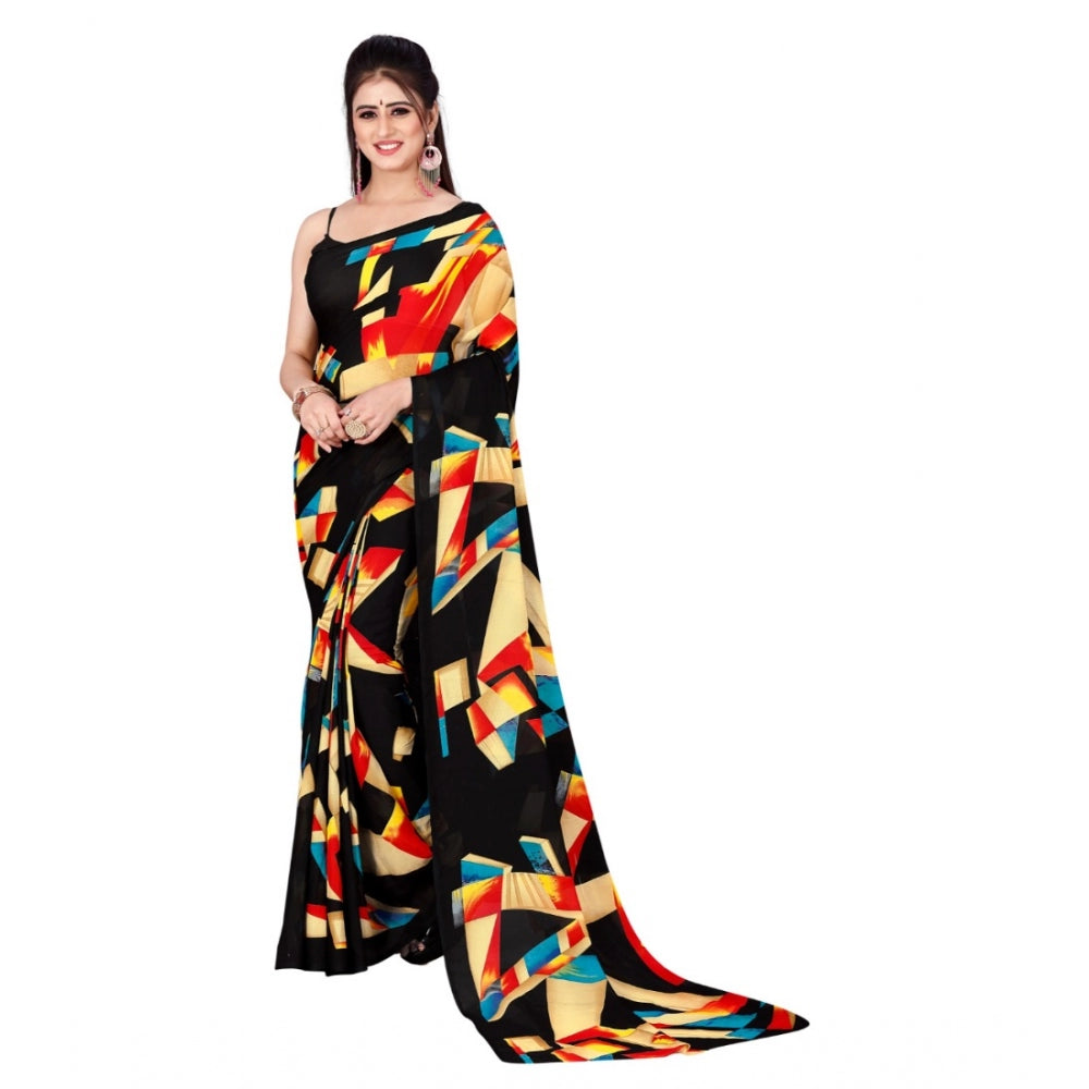 Women's Poly Georgette Printed Saree Without Blouse (Black)