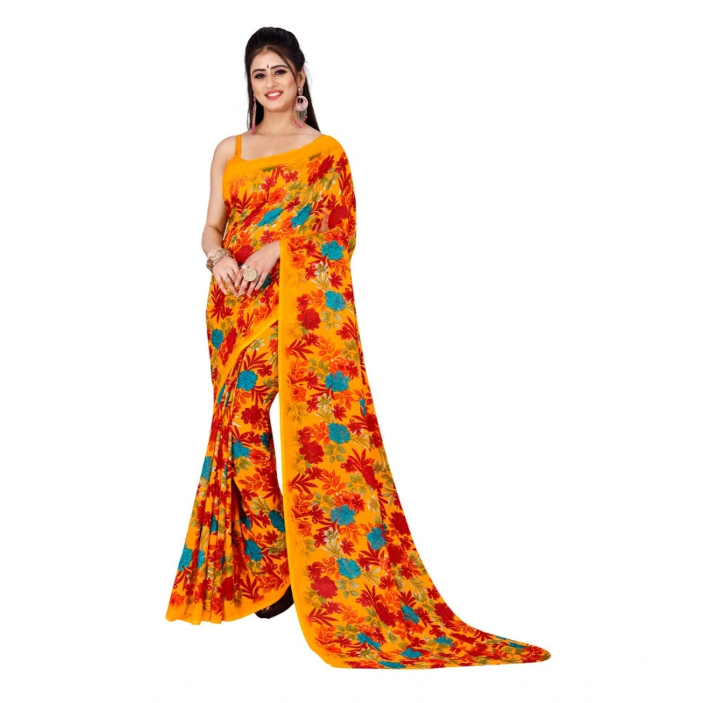 Women's Poly Georgette Printed Saree Without Blouse (Yellow)