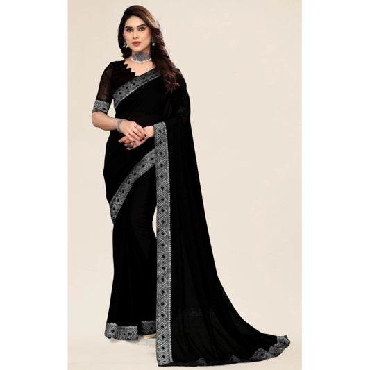 Women's Embellished Plain Solid Bollywood Chiffon Saree With Blouse (Black)