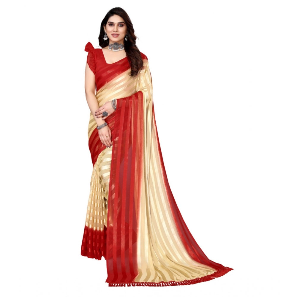 Women's Embellished Striped Bollywood Satin Saree With Blouse (Beige, Red)