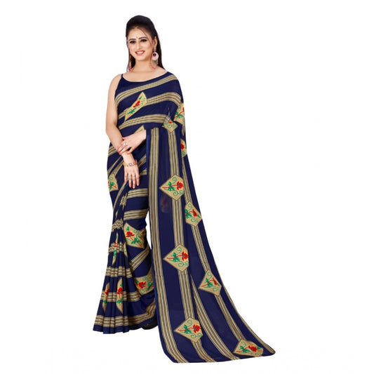 Women's Poly Georgette Printed Saree Without Blouse (Navy Blue)