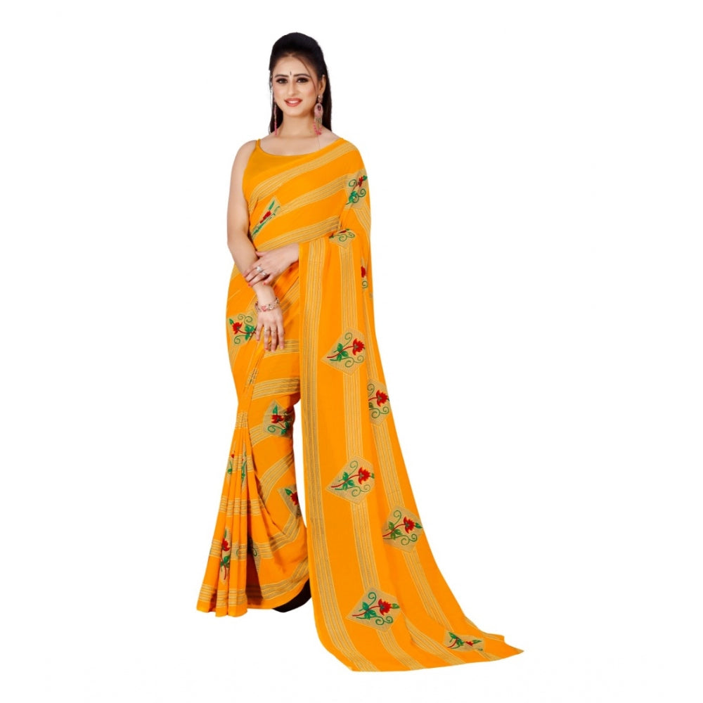 Women's Poly Georgette Printed Saree Without Blouse (Yellow)