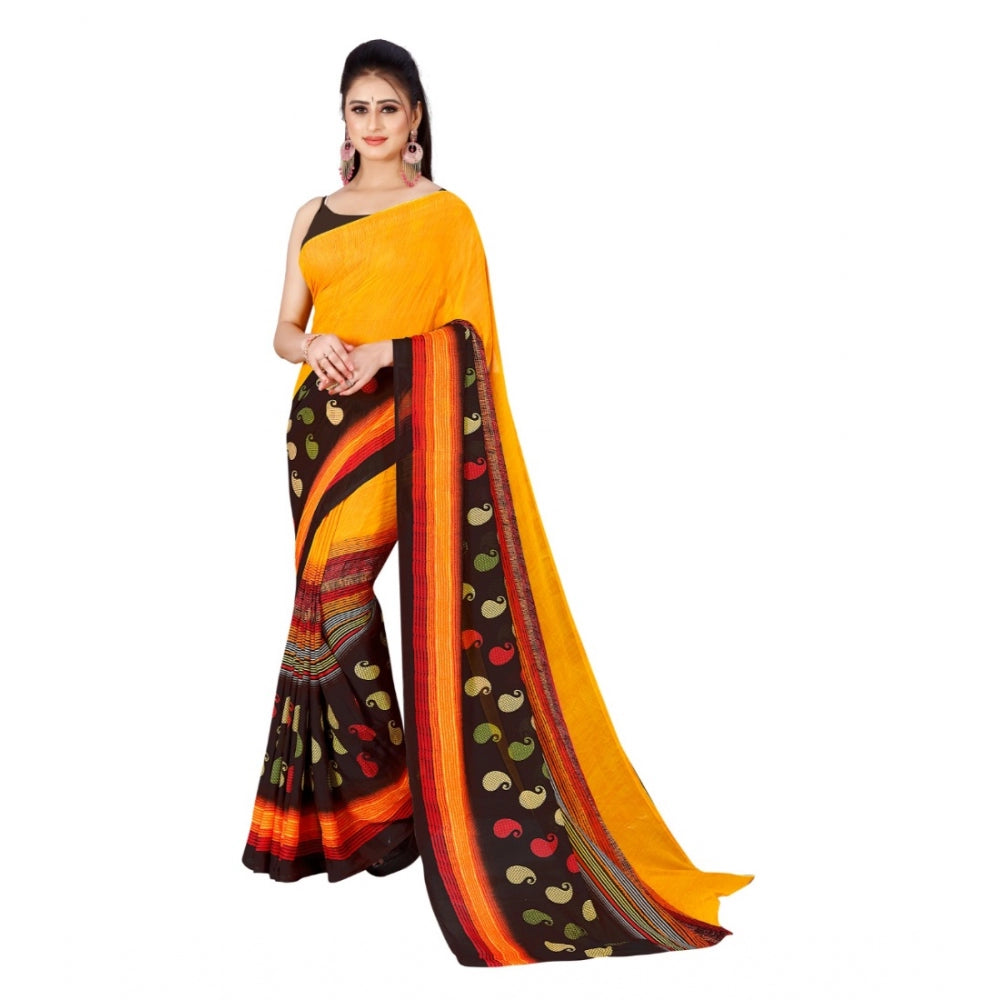 Women's Poly Georgette Printed Saree Without Blouse (Yellow, Black)