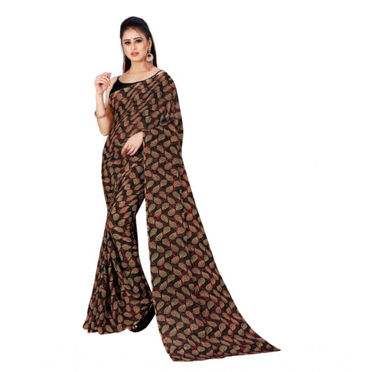 Women's Poly Georgette Printed Saree Without Blouse (Black)