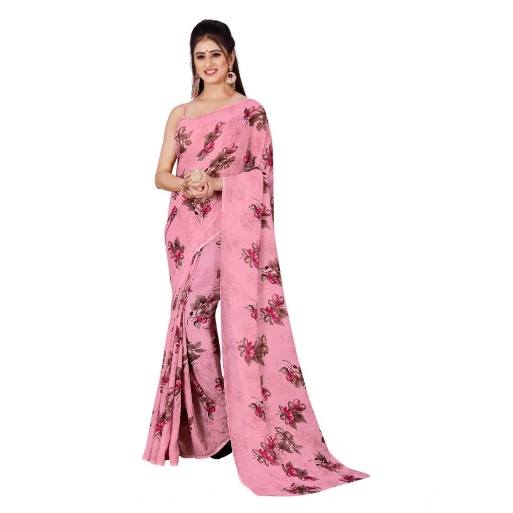 Women's Poly Georgette Printed Saree Without Blouse (Pink)