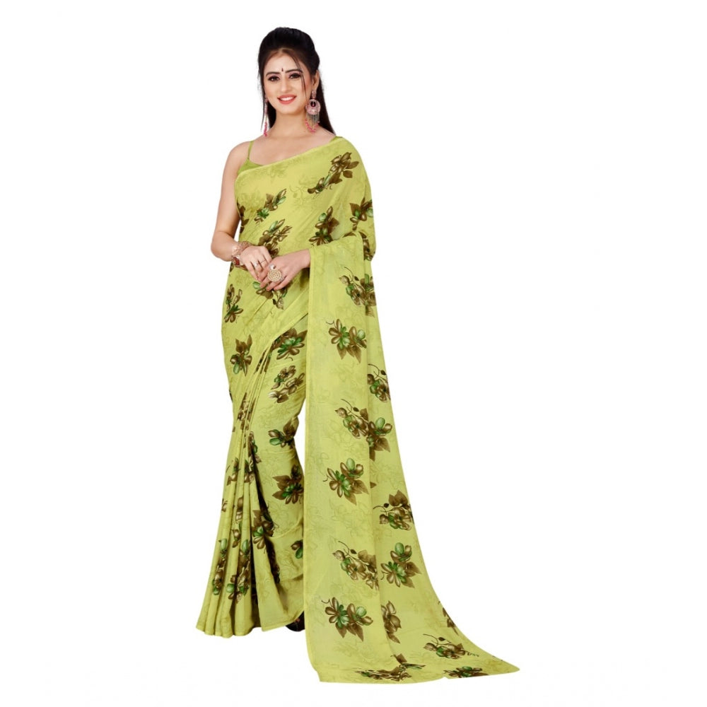 Women's Poly Georgette Printed Saree Without Blouse (Light Green)