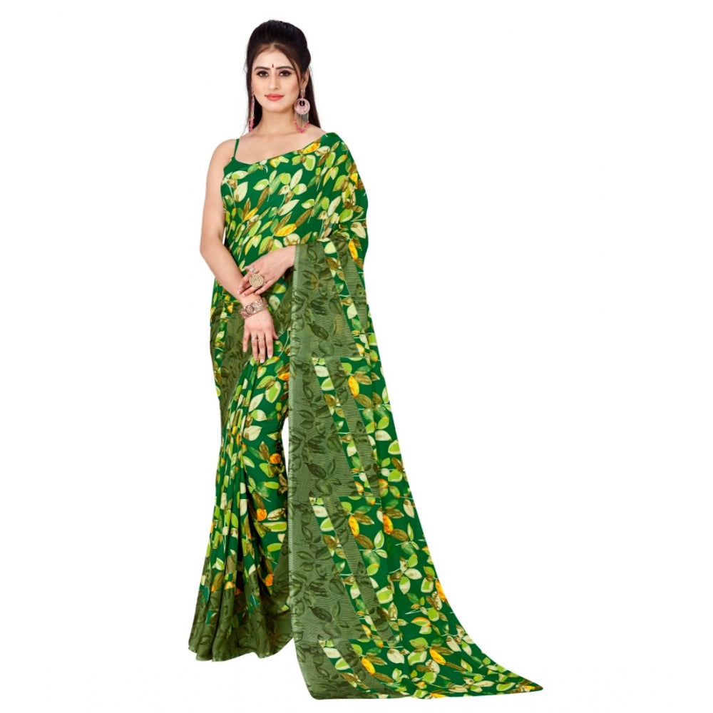 Women's Poly Georgette Printed Saree Without Blouse (Green)