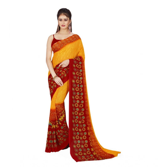 Women's Poly Georgette Printed Saree Without Blouse (Yellow, Maroon)