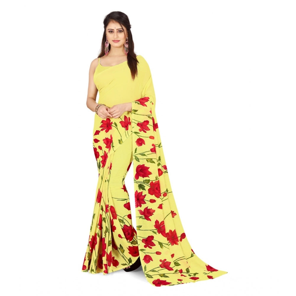 Women's Poly Georgette Printed Saree Without Blouse (Light Yellow)