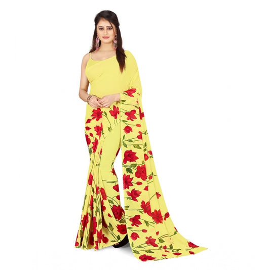 Women's Poly Georgette Printed Saree Without Blouse (Light Yellow)