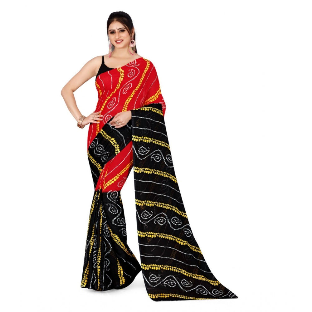 Women's Poly Georgette Printed Saree Without Blouse (Red, Black)