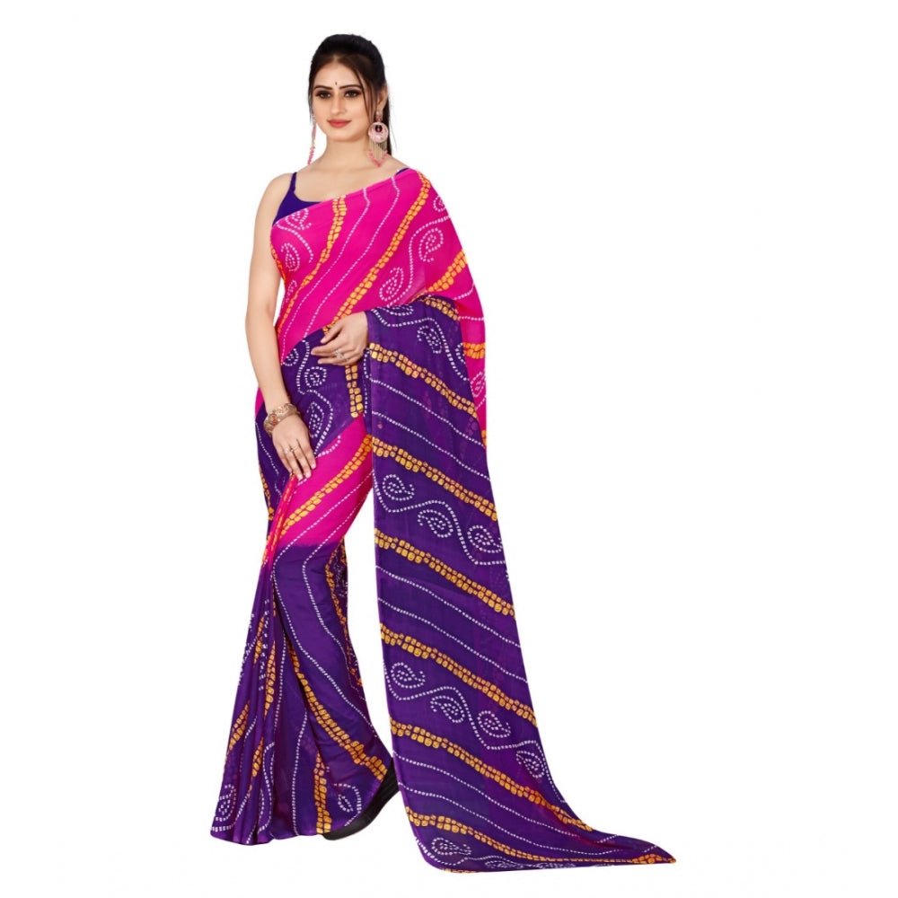 Women's Poly Georgette Printed Saree Without Blouse (Pink, Purple)