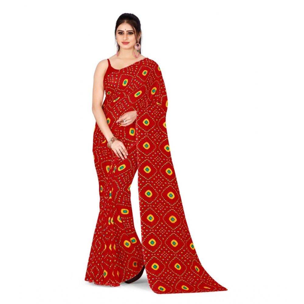 Women's Poly Georgette Printed Saree Without Blouse (Red)