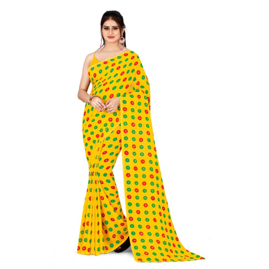 Women's Poly Georgette Printed Saree Without Blouse (Yellow, Multi Color)