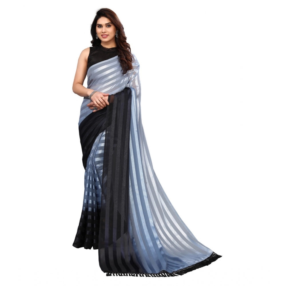 Women's Embellished Striped Bollywood Satin Saree With Blouse (Light Blue, Black)