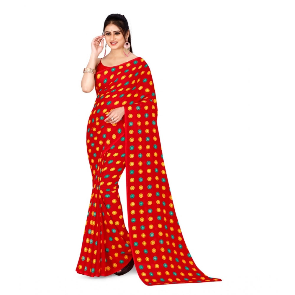 Women's Poly Georgette Printed Saree Without Blouse (Red)