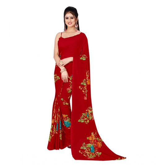 Women's Poly Georgette Printed Saree Without Blouse (Red)