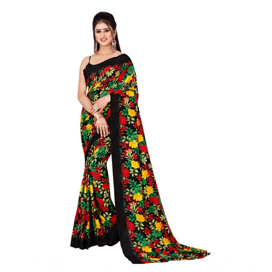 Women's Poly Georgette Printed Saree Without Blouse (Black)