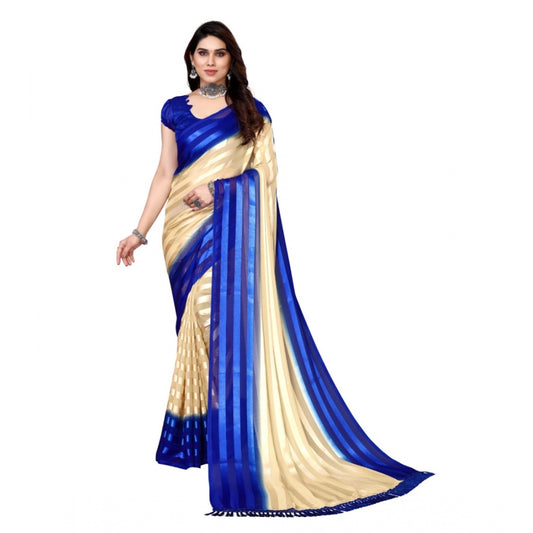 Women's Embellished Striped Bollywood Satin Saree With Blouse (Beige, Blue)