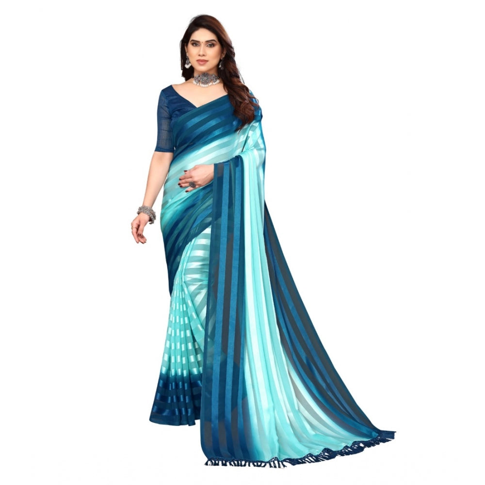 Women's Embellished Striped Bollywood Satin Saree With Blouse (Light Blue, Dark Blue)