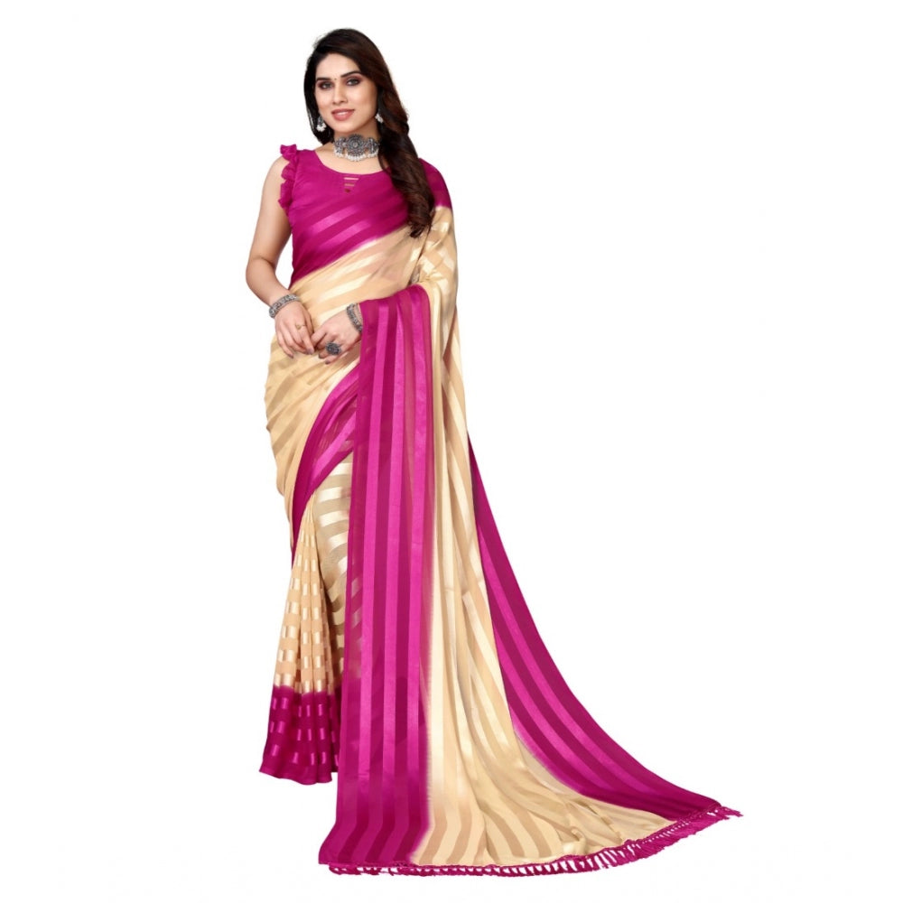 Women's Embellished Striped Bollywood Satin Saree With Blouse (Beige, Pink)