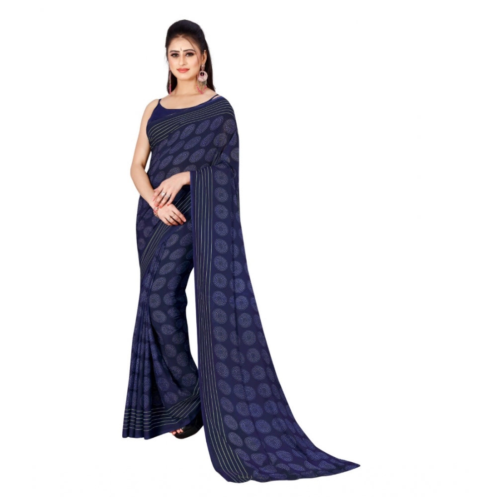 Women's Poly Georgette Printed Saree Without Blouse (Blue)