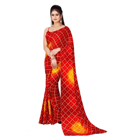 Women's Poly Georgette Printed Saree Without Blouse (Red)