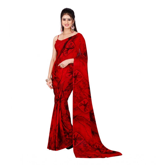 Women's Poly Georgette Printed Saree Without Blouse (Red)