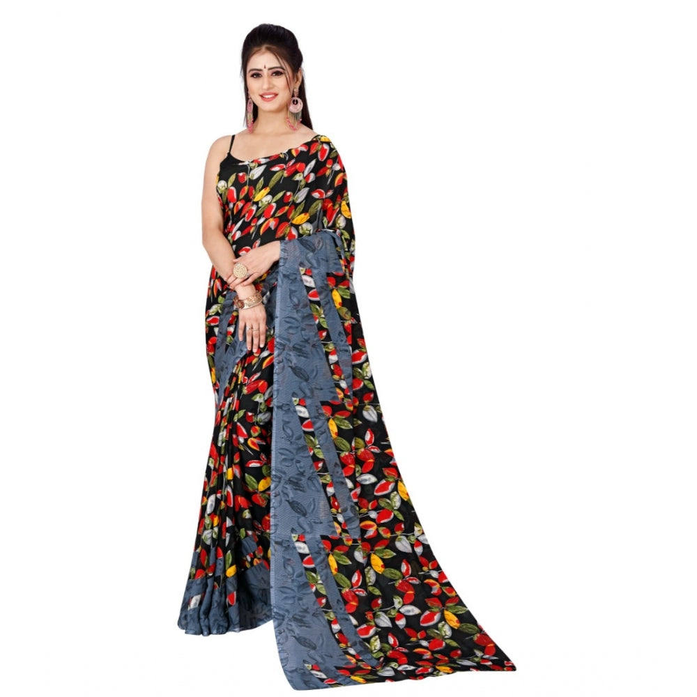 Women's Poly Georgette Printed Saree Without Blouse (Black)