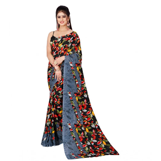 Women's Poly Georgette Printed Saree Without Blouse (Black)