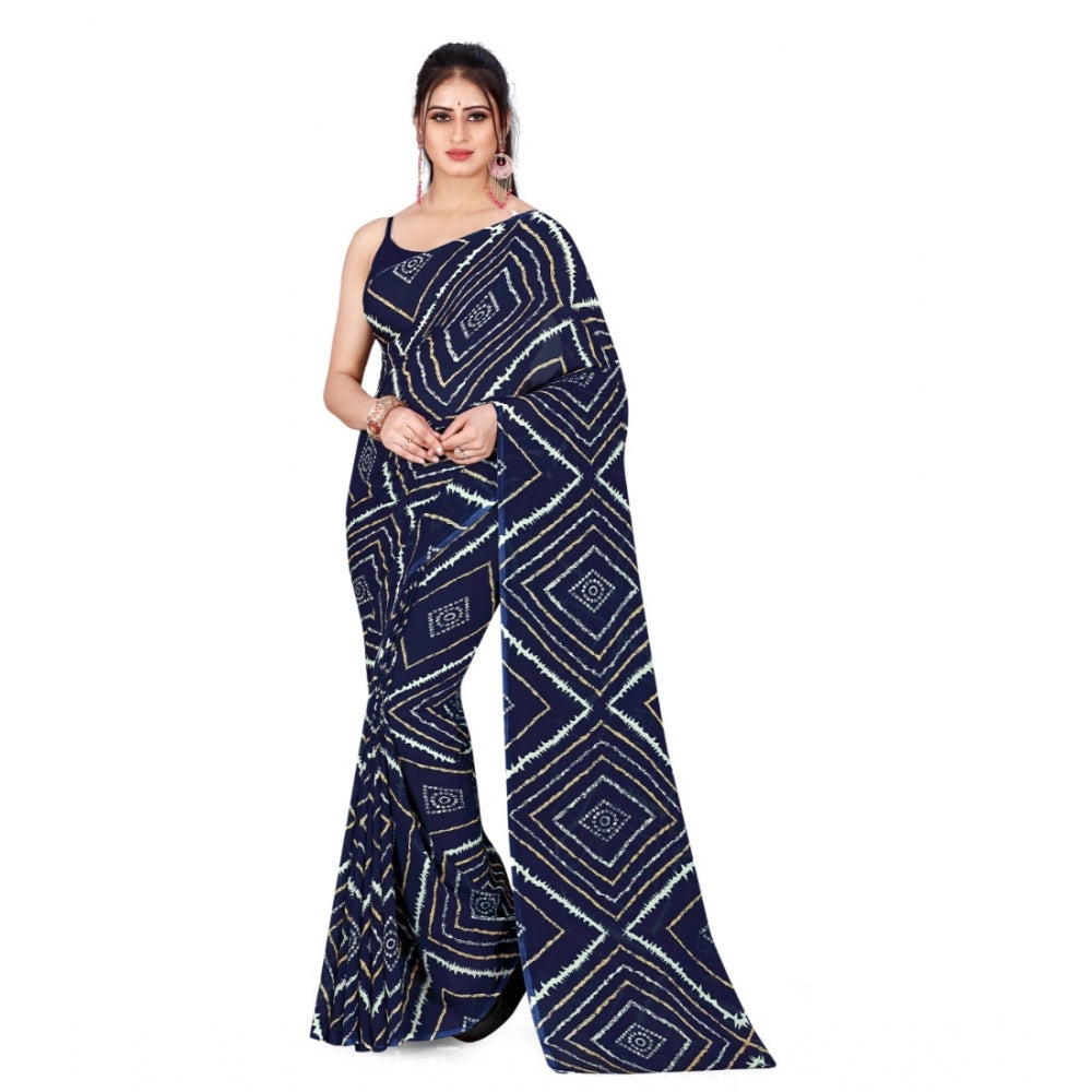 Women's Poly Georgette Printed Saree Without Blouse (Navy Blue)