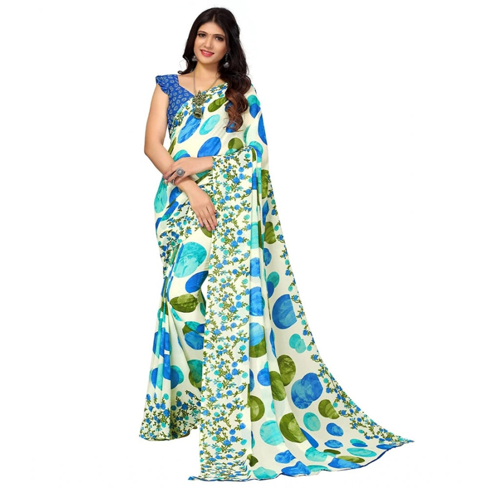 Women's Poly Georgette Printed Saree Without Blouse (Light Blue)