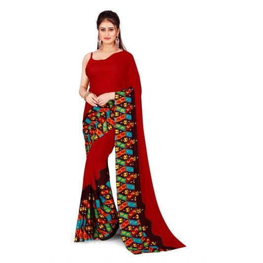 Women's Poly Georgette Printed Saree Without Blouse (Maroon)