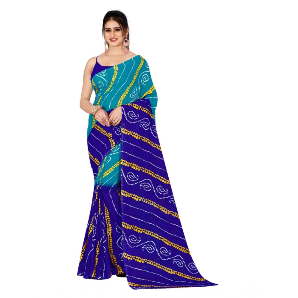 Women's Poly Georgette Printed Saree Without Blouse (Sea Green, Royal Blue)