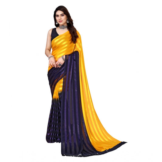 Women's Embellished Striped Bollywood Satin Saree With Blouse (Yellow, Dark Blue)